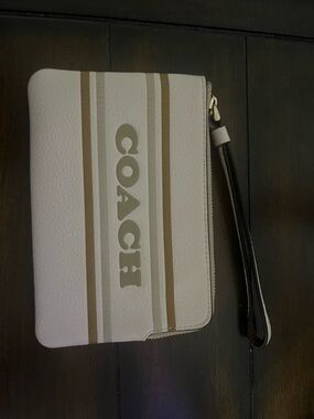 COACH White Wallet Wristlet with Tan & Light Gray Stripes